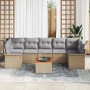 Beiges 8-teiliges Garten-Sofa-Set aus Poly Rattan mit Tisch und grauen Polstern.