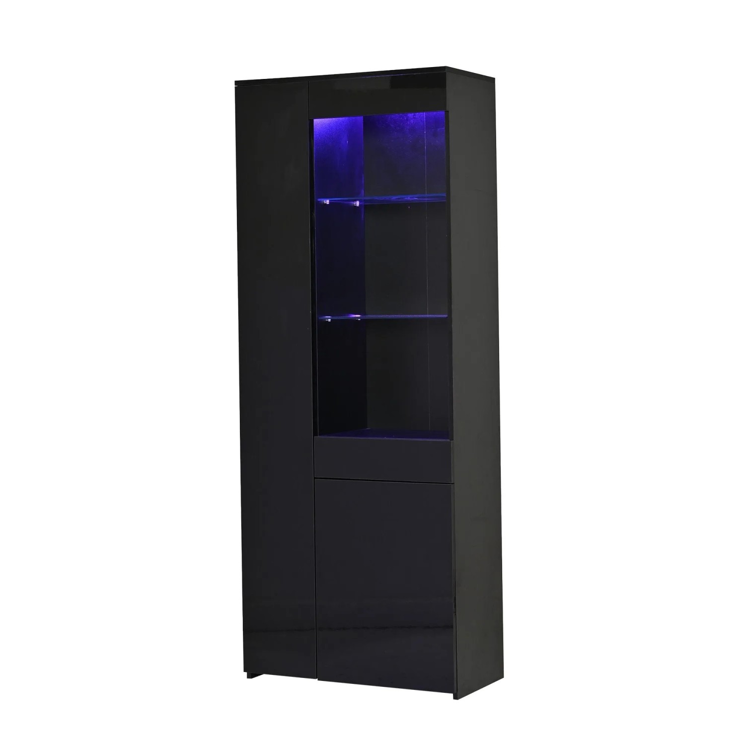 ModernLuxe Vitrine Hochglanz mit 1 Schublade 2 Türen Led Beleuchtung Spanplatte Schwarz