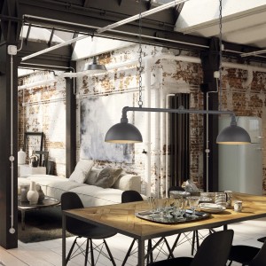 Fischer & Honsel Pendelleuchte Leitung, 2-flammig, schwarz/gold über Esstisch in Loft-Wohnung.