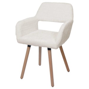 Moderner Esszimmerstuhl A50 II in Creme mit Chenille-Stoffbezug, Armlehnen und Buchenholzfüßen.