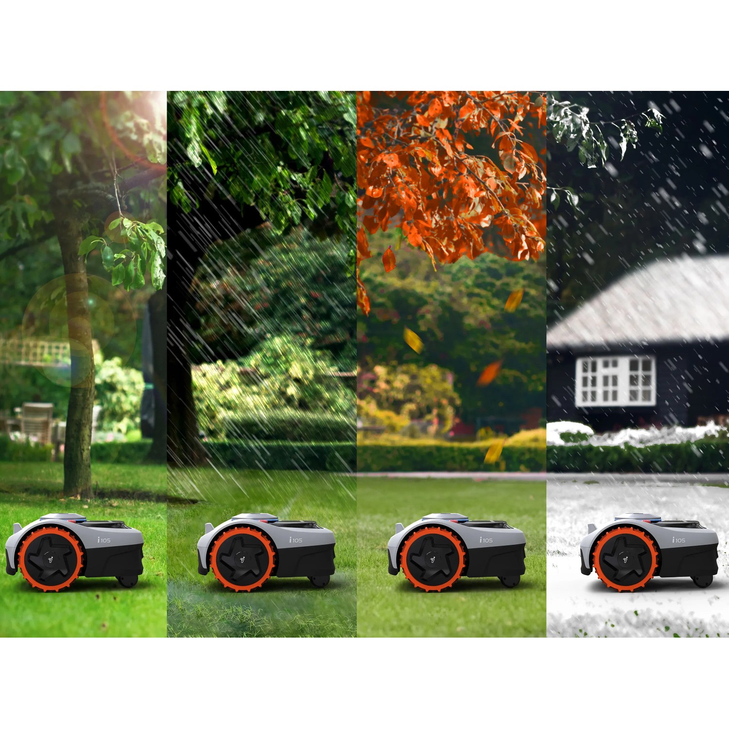 Segway Navimow Mähroboter i105E: Jahreszeiten im Garten, kabellos mähen im Frühling, Sommer, Herbst und Winter.