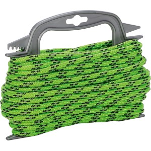 Neongrünes Polypropylen Seil, 6 mm Durchmesser, aufgewickelt auf einer grauen Halterung.