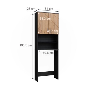 Waschmaschinenschrank Irma in Anthrazit/Eiche, 64x191 cm, mit Stauraum für Badutensilien.