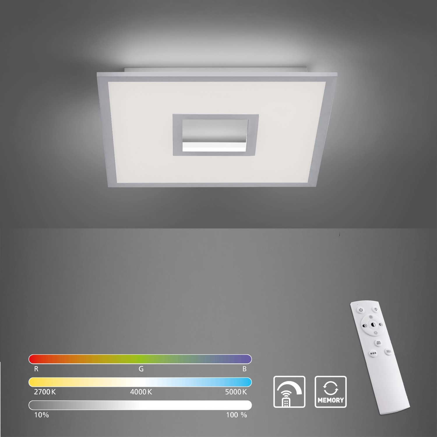 Weiße LED-Deckenleuchte Recess von Just Light, 45x45 cm, mit Fernbedienung zur CCT-Steuerung.