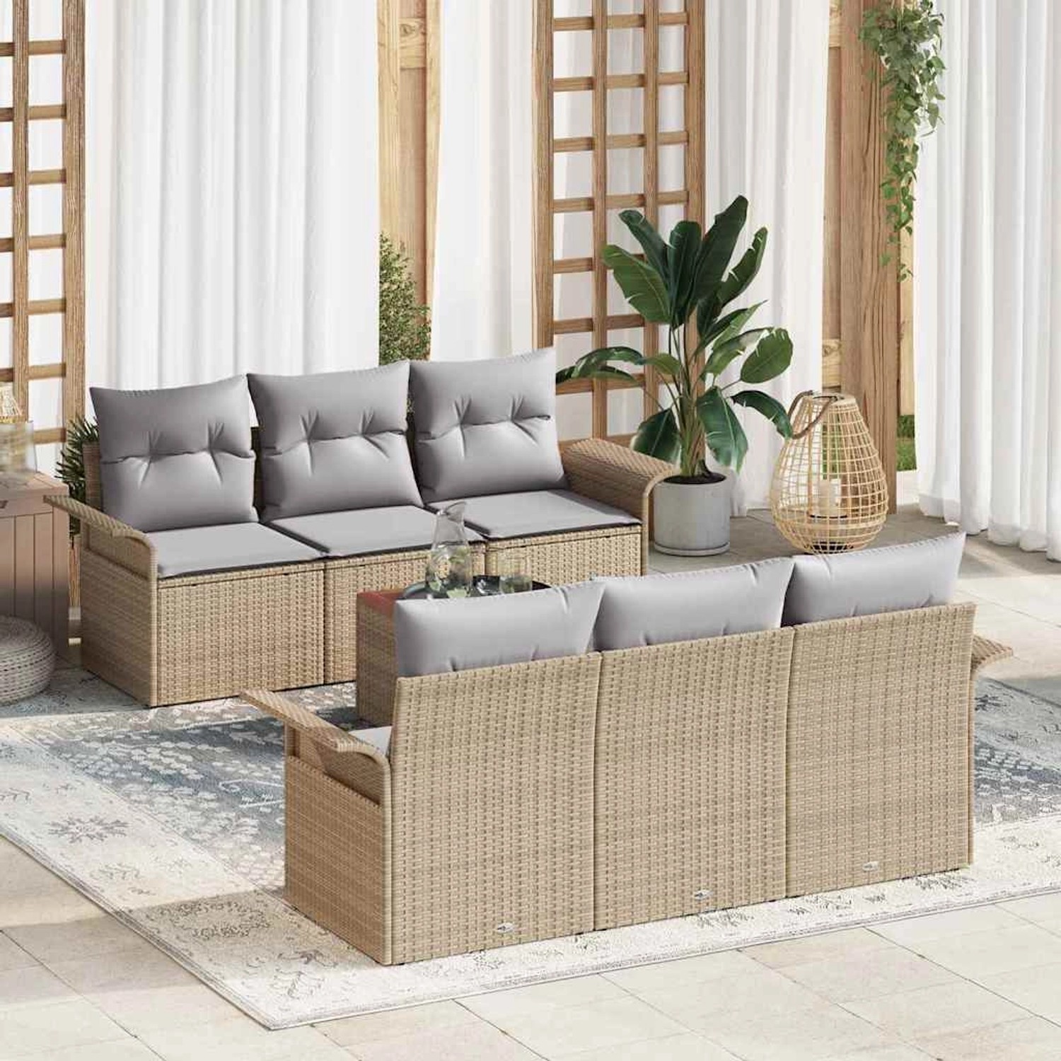 Beiges 7-teiliges vidaXL Garten-Sofa-Set aus Poly Rattan mit Stauraum.