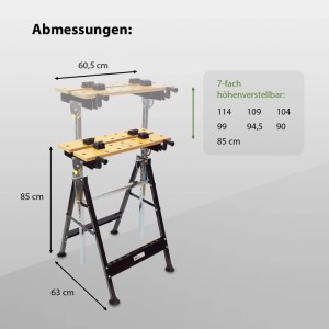 TRUTZHOLM Werkbank, klappbar und höhenverstellbar, mit Maßangaben.