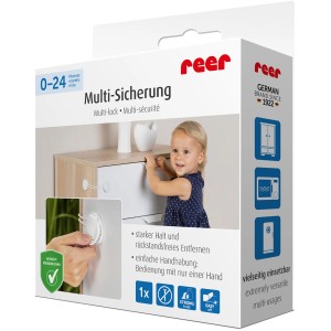 Verpackung der Reer Multi-Sicherung in Weiß, zum kindersicheren Verschließen von Schränken.