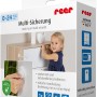 Verpackung der Reer Multi-Sicherung in Weiß, zum kindersicheren Verschließen von Schränken.