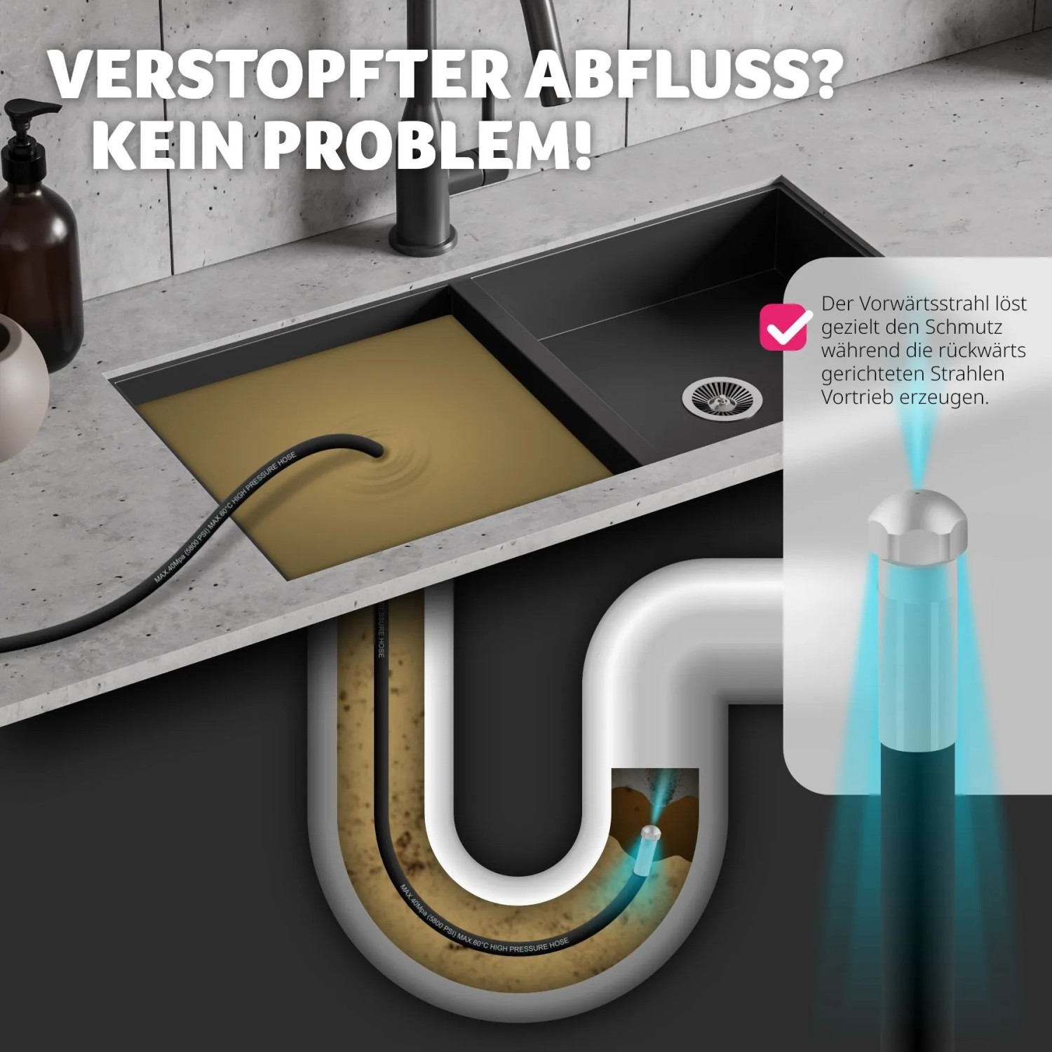 Tectake Rohrreinigungsschlauch Set im Einsatz: Verstopfter Abfluss wird gereinigt.