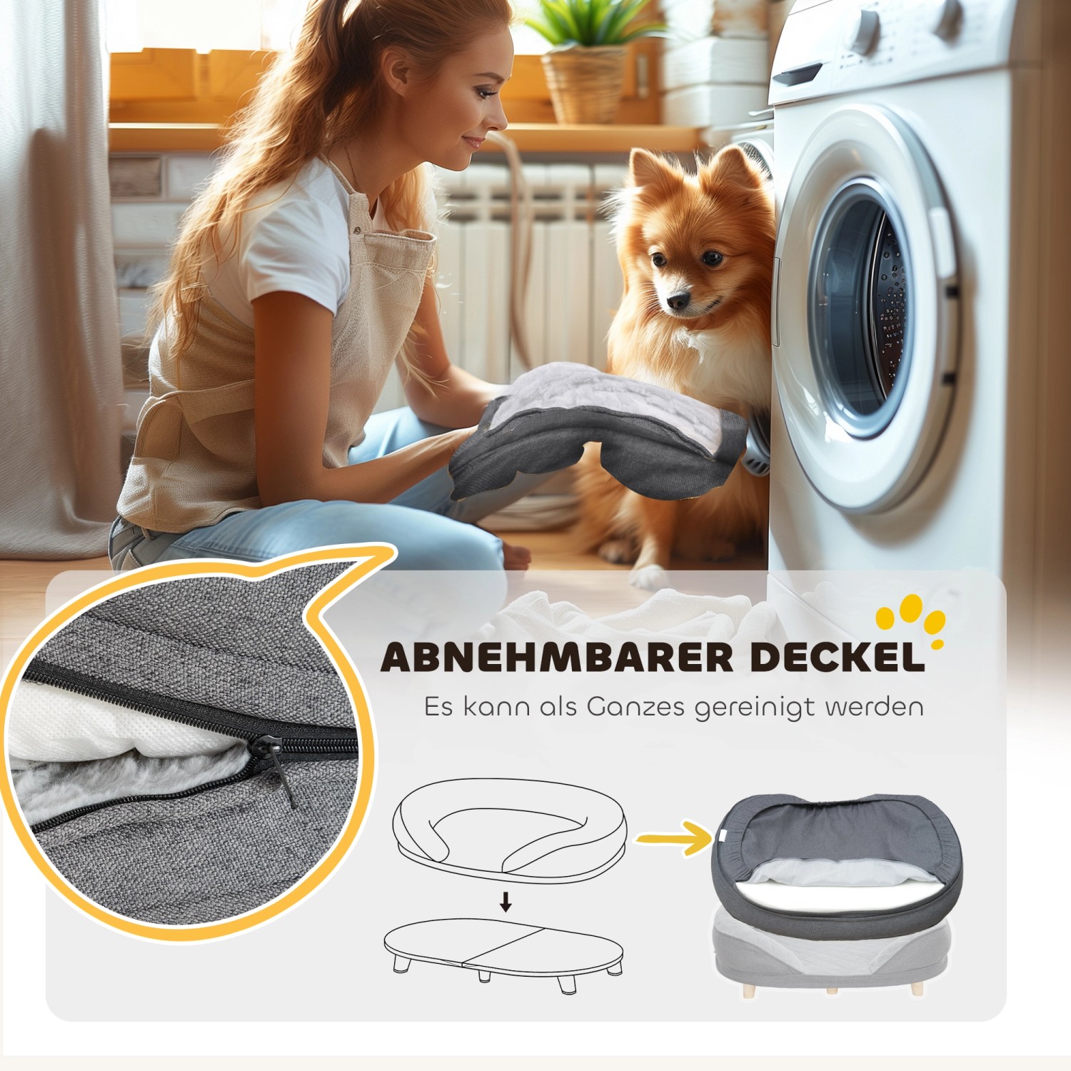 Graues PawHut Hundesofa mit abnehmbarem Bezug, Hund und Frau vor Waschmaschine.
