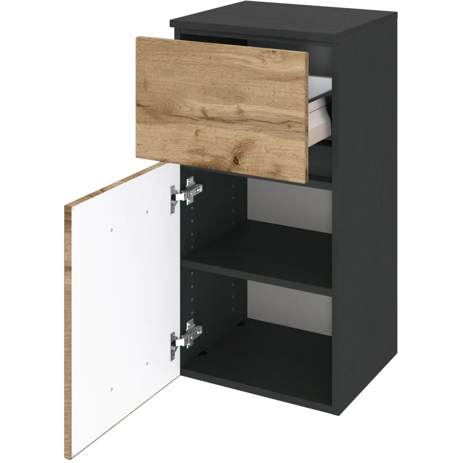 Held Möbel Bad-Hängeschrank Bari, 40 cm, Wotaneiche/Graphitgrau, mit offenen und geschlossenen Fächern.