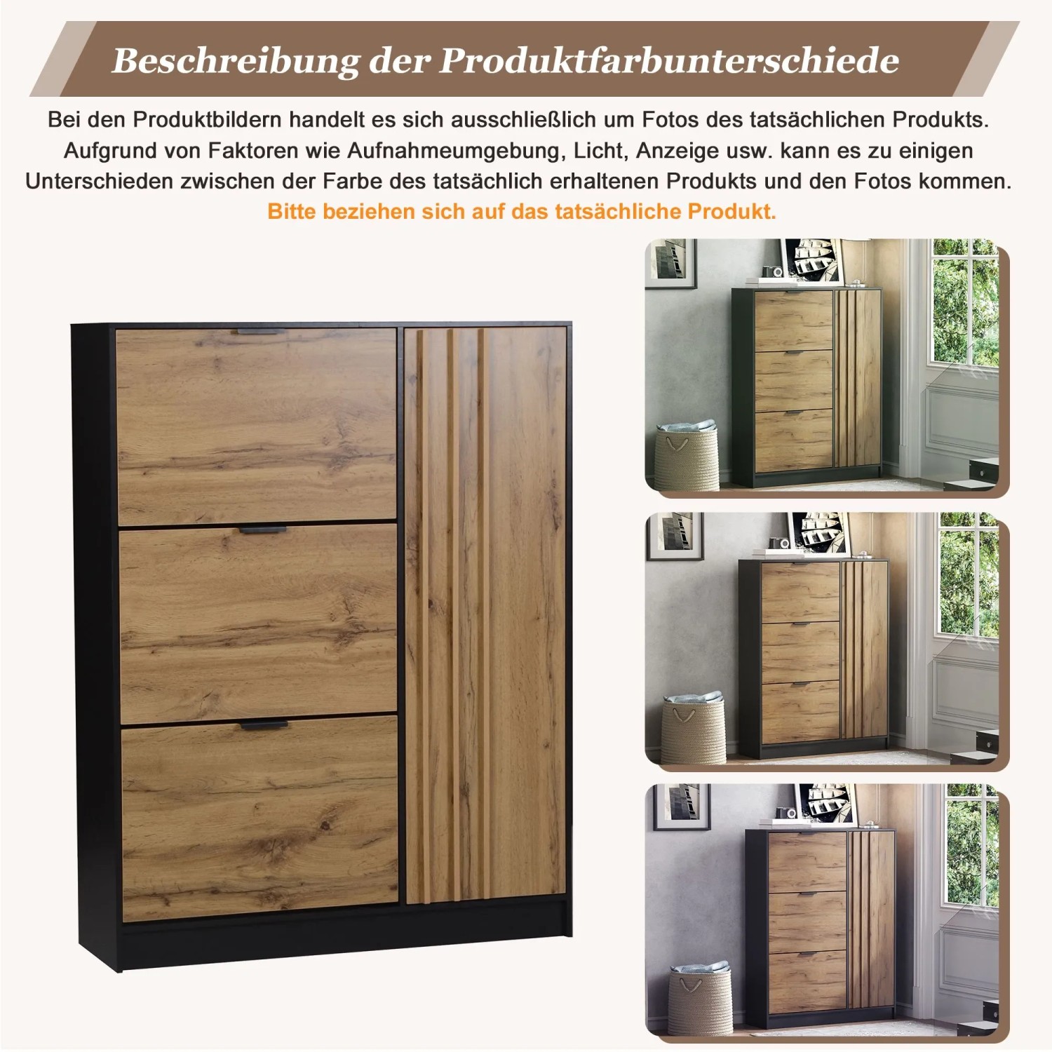 Merax Schuhschrank 100x30x130 cm in Naturholz-Optik und Schwarz, mit 3 Klappen und einem hohen Türfach.