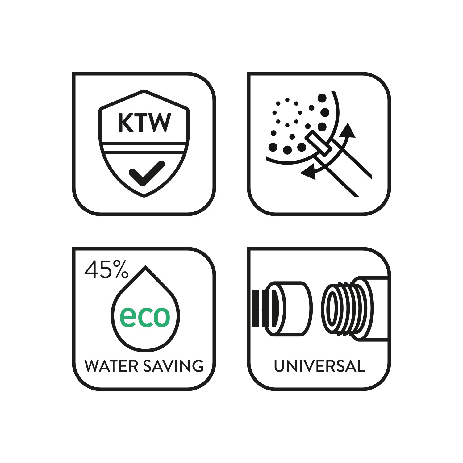 Piktogramme zur baliv Handbrause: KTW-Zertifikat, Strahlarten, Wassersparfunktion, Universalanschluss.