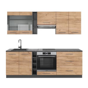 Moderne Küchenzeile in Eiche Goldkraft/Anthrazit, 235 cm breit. Fame-Line Küchenblock mit Spüle und Ofen.