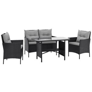Schwarze Svita Dallas Rattan-Lounge Sitzgruppe mit Esstisch und grauen Polstern für den Garten.