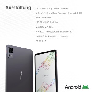 Vale Tablet V12E LTE, 30,5 cm (12 Zoll) Display, Android 13, dunkelgraues Aluminiumgehäuse.