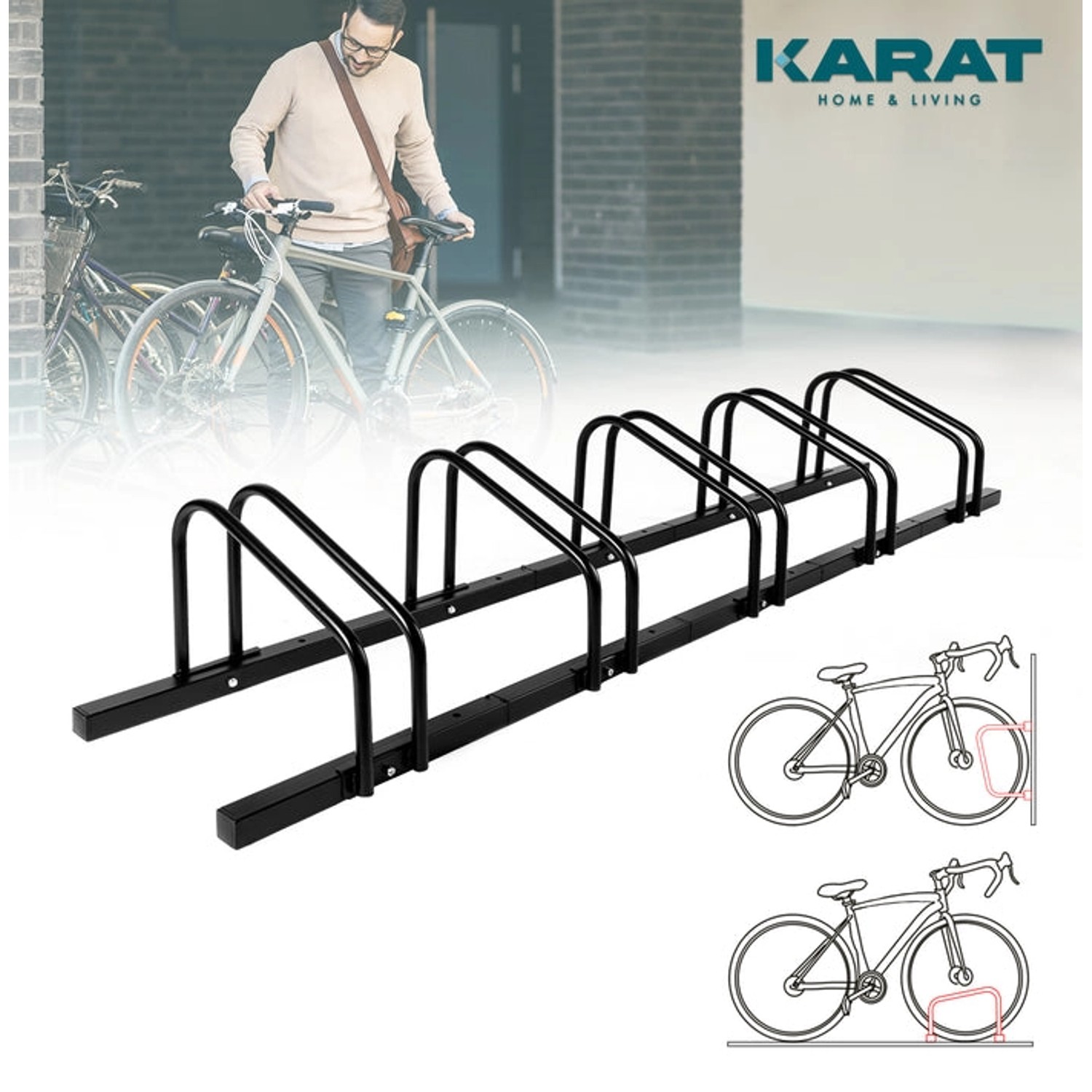 Schwarzer KARAT Fahrradständer Linus für 5 Fahrräder, zur Boden- oder Wandmontage.