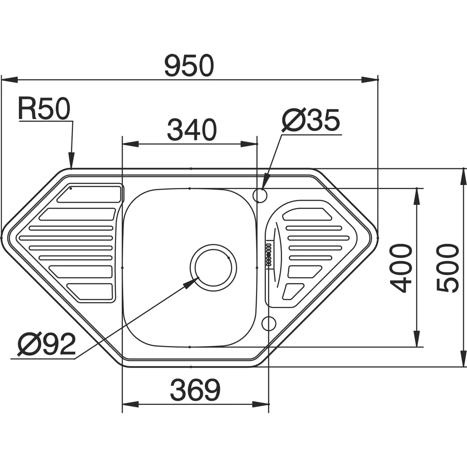 Technische Zeichnung: Pyramis Medusa Corner 1B 2D Edelstahlspüle mit Maßangaben.