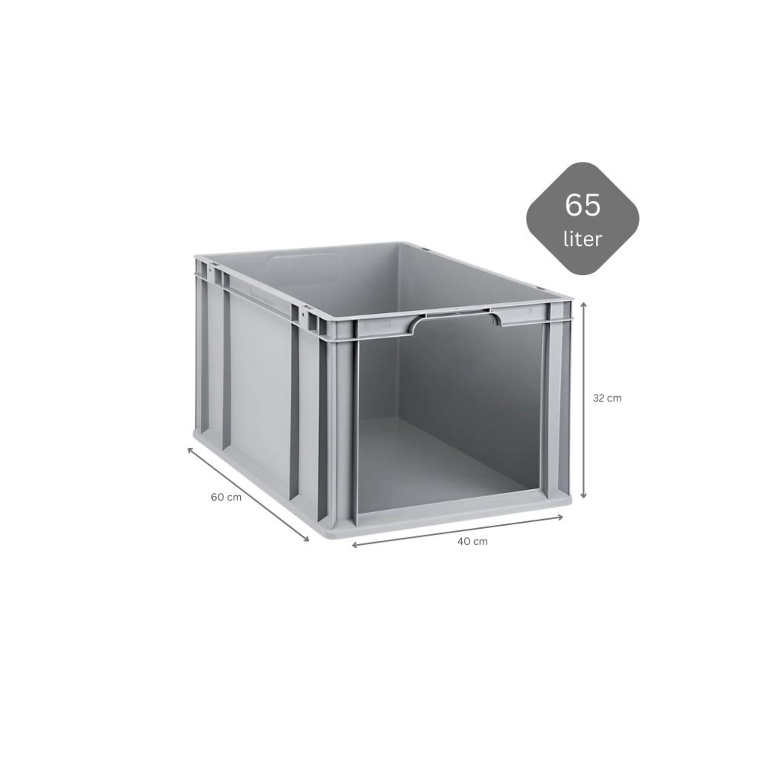 Graue PROREGAL Eurobox NextGen Store mit offener Front, 65 Liter, 32x40x60 cm.