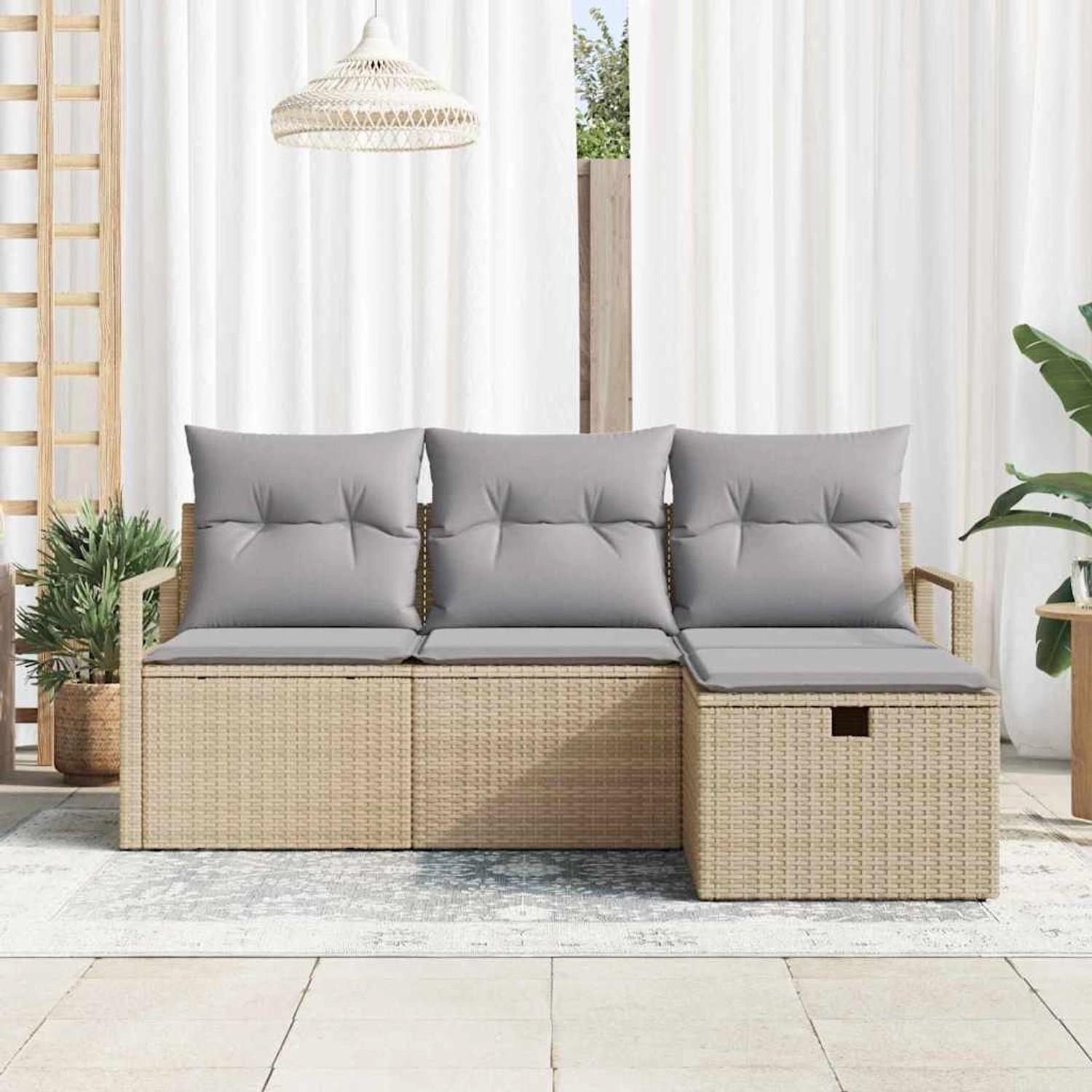 Beiges 4-tlg. vidaXL Garten-Sofa-Set aus Poly Rattan mit Kissen und Stauraum.