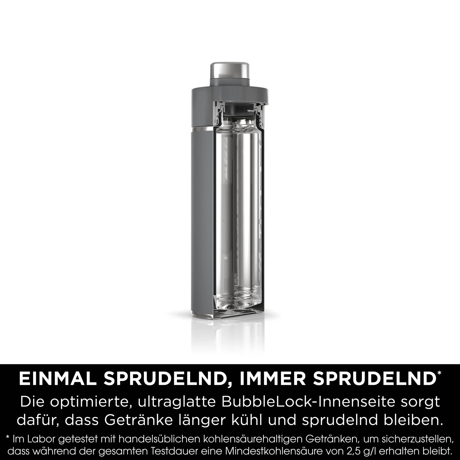 Graue Ninja Thirsti Trinkflasche 530ml mit Schnittansicht, ideal für kühle Getränke.