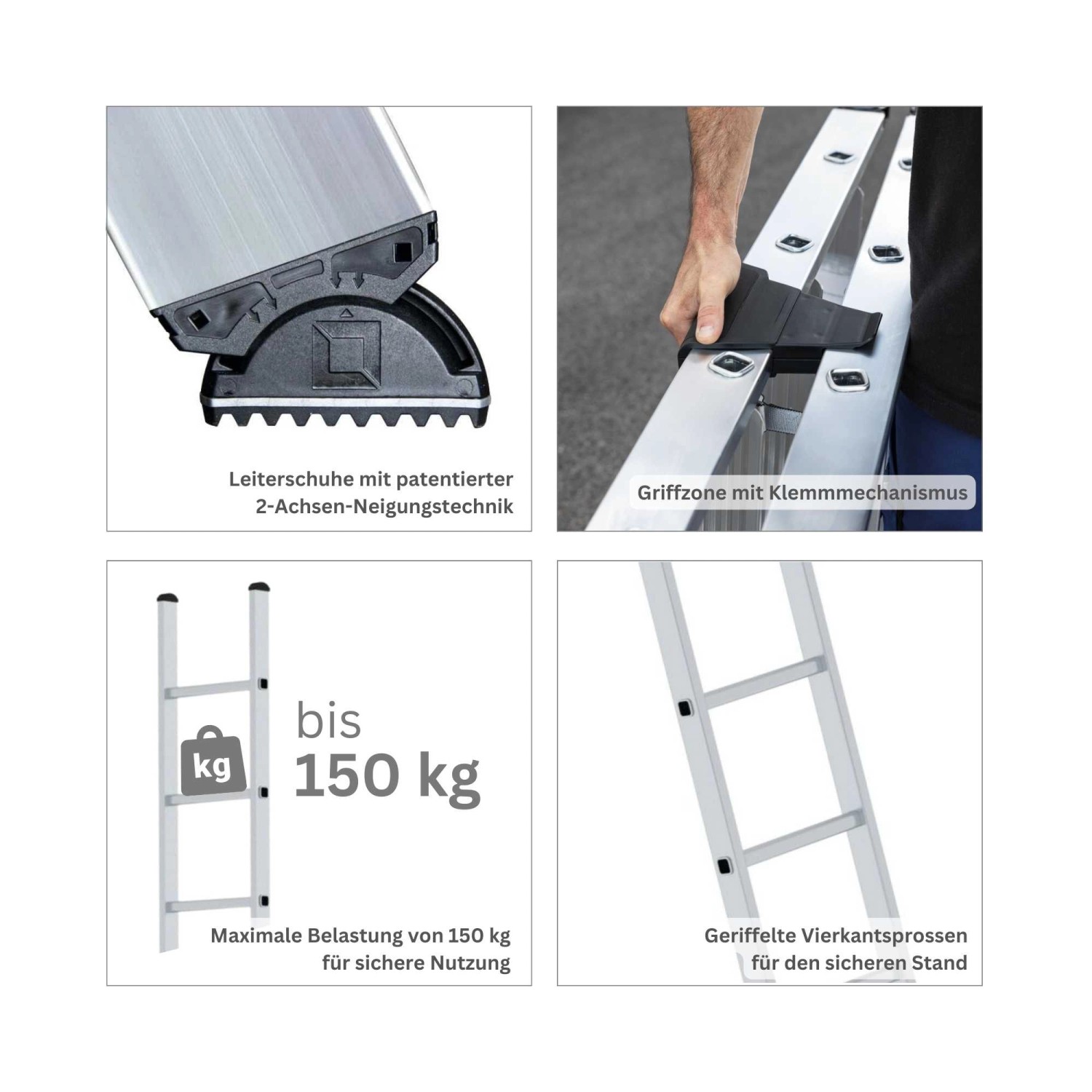 Details der PROREGAL Stufen-Anlegeleiter: Nivello-Fuß, Griffzone, Belastbarkeit, geriffelte Sprossen.