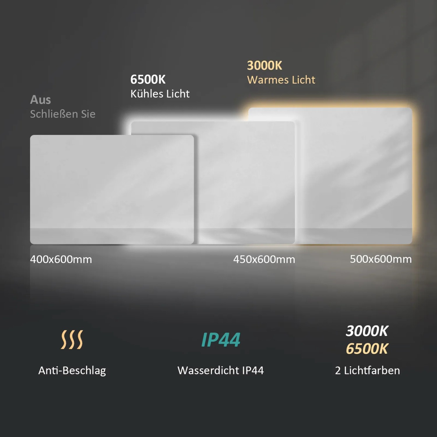 Emke Badspiegel mit LED-Beleuchtung, verschiedene Größen, Kalt- und Warmweiß, Anti-Beschlag Funktion.