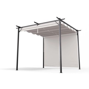 Beige Blumfeldt Pantheon Pergola 3x3 m mit Stahlrahmen und Rollläden für Garten & Terrasse.