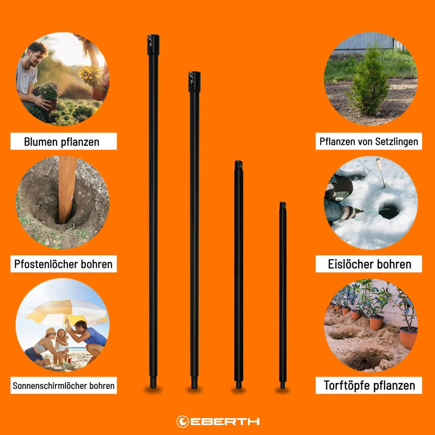 EBERTH Erdbohrer Verlängerung Set, 4-teilig: 400, 600, 800, 1000 mm, Stahl, schwarz. Für Baumaschinen.