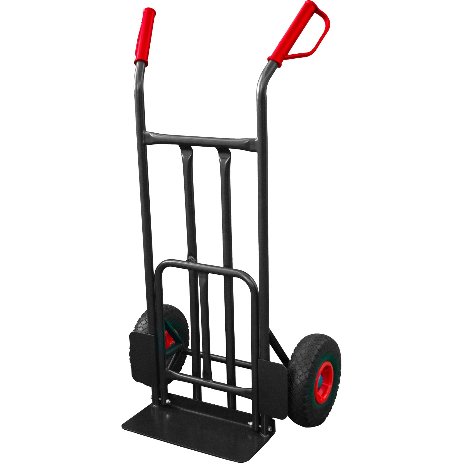 Schwarze Pro-Bau-Tec Sackkarre mit PU-Rädern und rotem Griff, Tragkraft 200 kg.