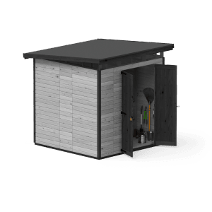Graues Upyard Gartenhaus Strongbox L mit geöffneten Türen und Gartengeräten.