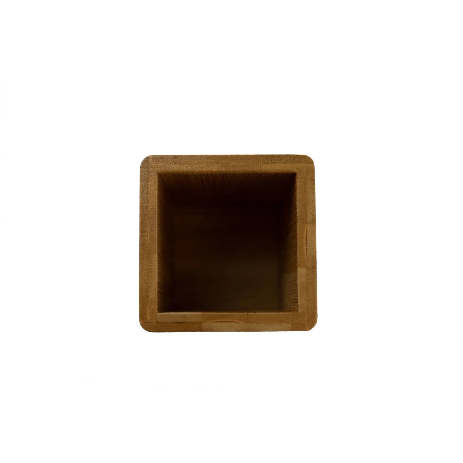 Quadratischer, brauner Zahnputzbecher aus Bambus von Bagnoxx, 7,6x7,6x11cm.