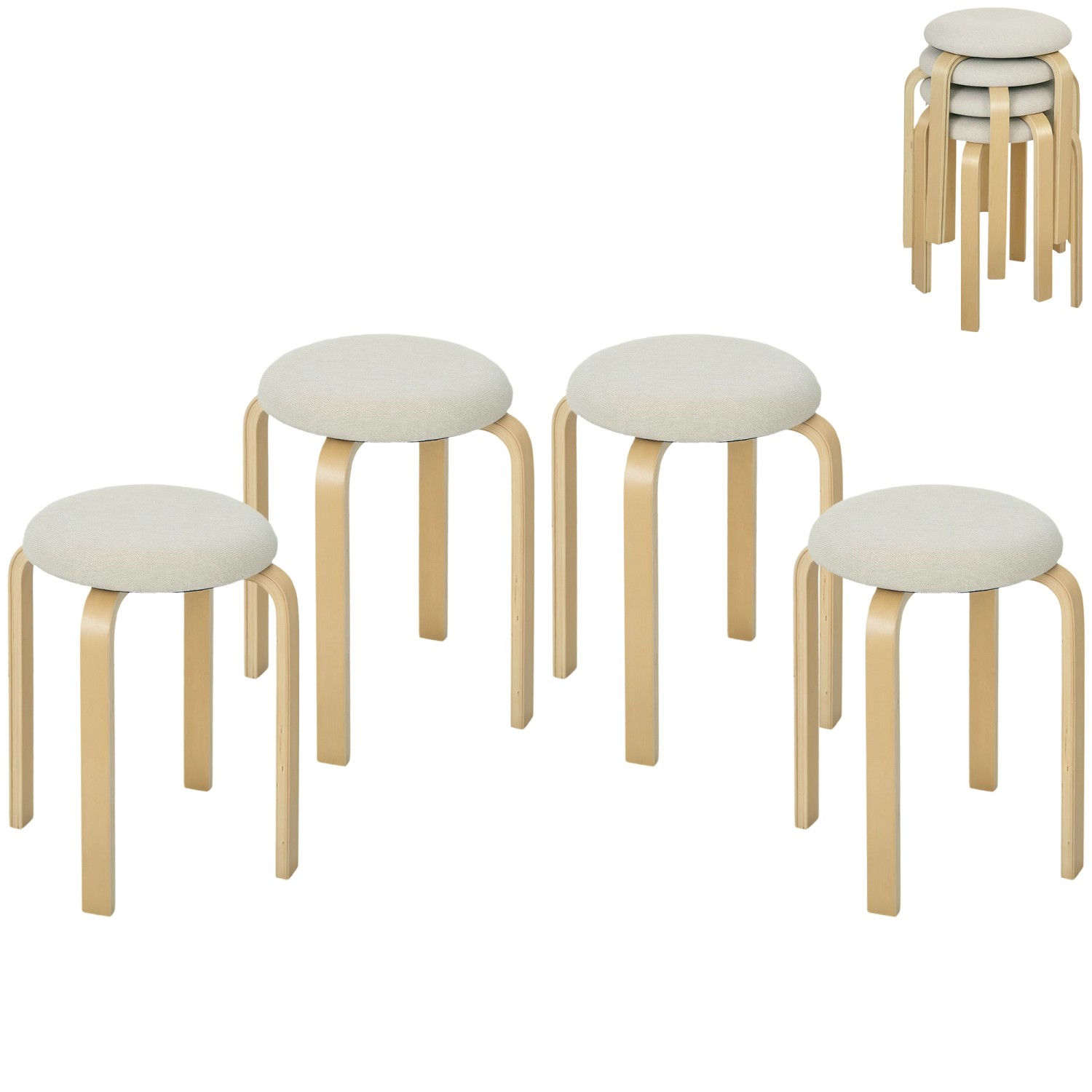 Thumbnail - HOMCOM 4er Set Esszimmerhocker Stapelhocker Hocker Küchenhocker Cremeweiß