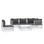 Weißes 6-tlg. Garten Lounge Set mit grauen Kissen. Gartenmöbel aus Stahl und Textil.