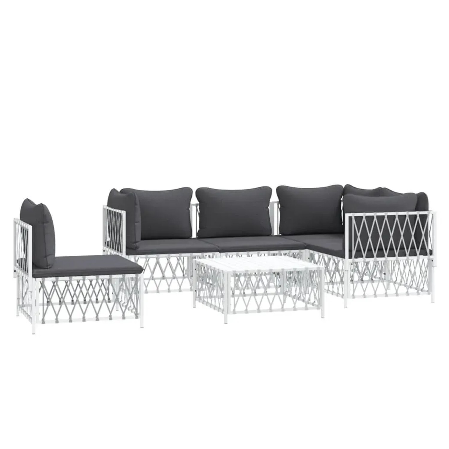 Weißes 6-tlg. Garten Lounge Set mit grauen Kissen. Gartenmöbel aus Stahl und Textil.