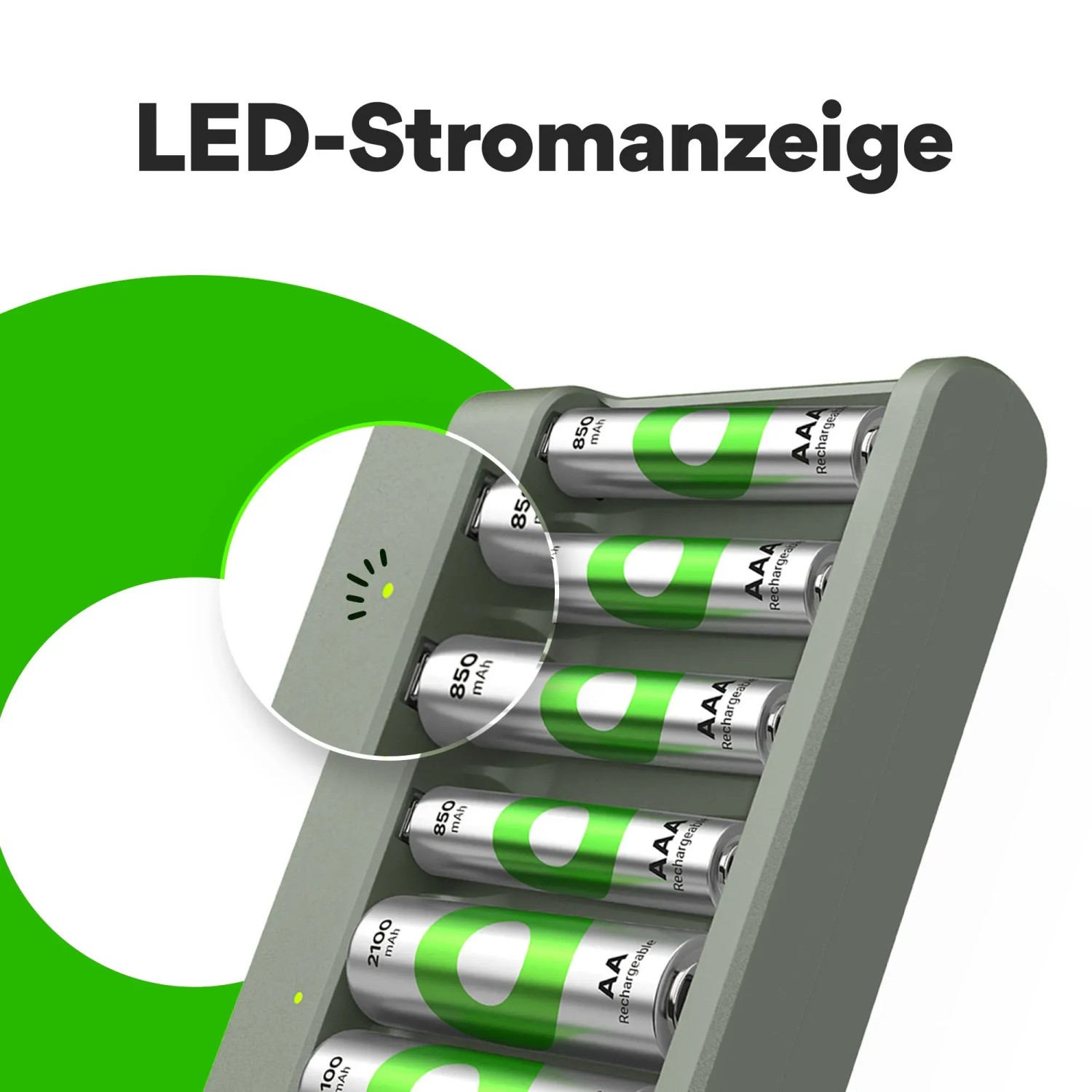 GP Akku-Ladegerät E821 mit AA- und AAA-Akkus im Ladevorgang, LED-Anzeige.
