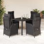 Schwarze 5-tlg. Garten-Essgruppe aus Polyrattan mit Tisch, Stühlen und Kissen für Terrasse oder Garten.