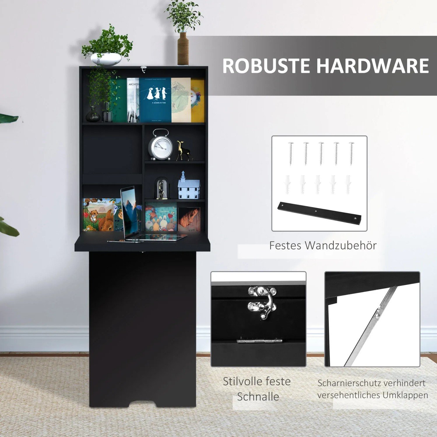 HOMCOM Klappschreibtisch mit Tafel, schwarz, platzsparendes Wandregal mit Stauraum.