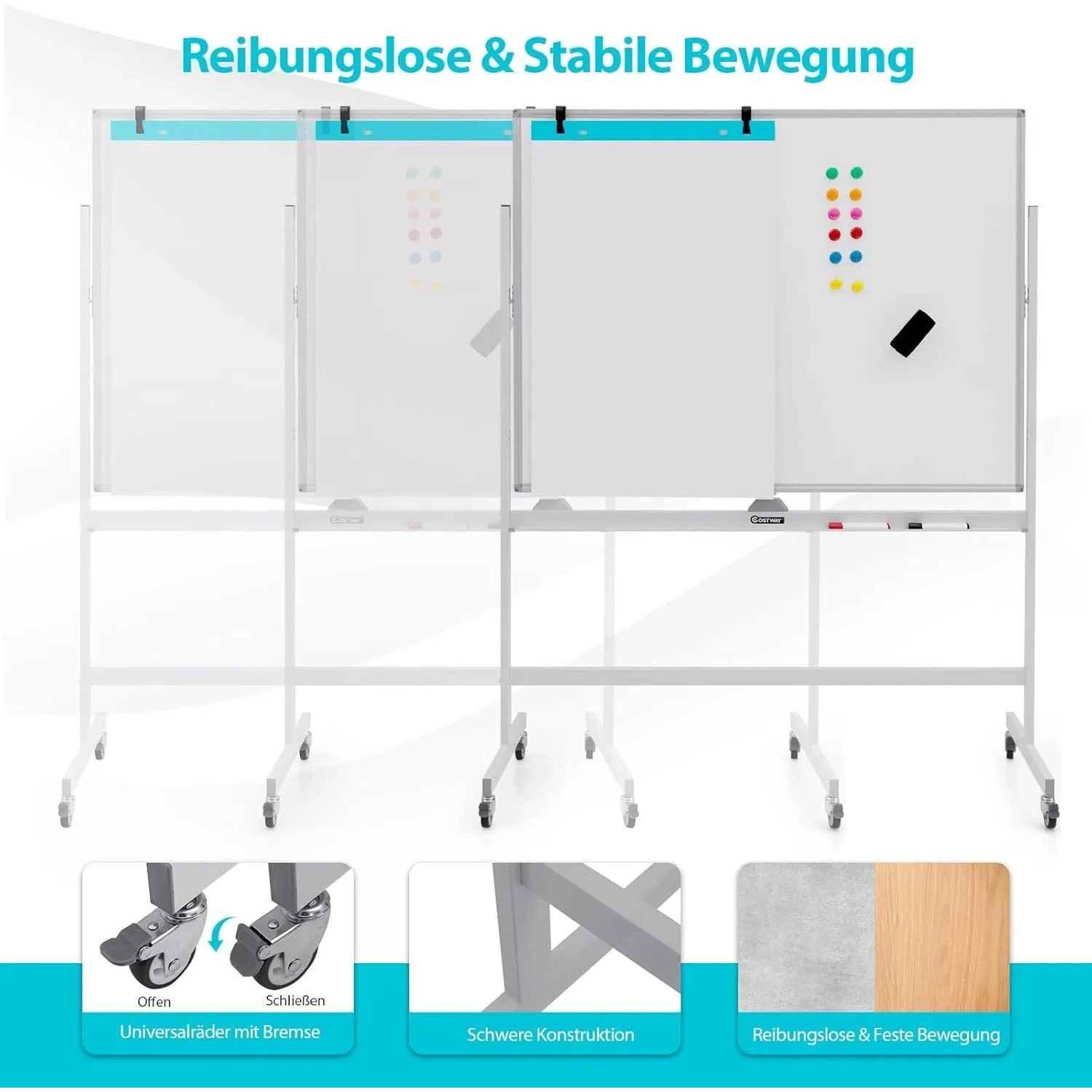 Costway Doppelseitiges Mobiles Whiteboard mit Rädern Weiß 120 x 90 cm_5