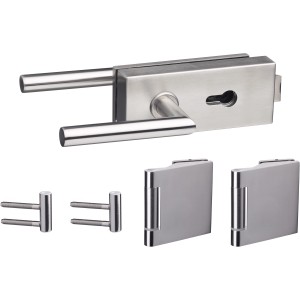 Beschlag-Set für Glasdrehtüren, Edelstahl gebürstet, mit Schlosskasten, Drückerpaar und Bändern.