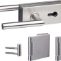 Beschlag-Set für Glasdrehtüren, Edelstahl gebürstet, mit Schlosskasten, Drückerpaar und Bändern.