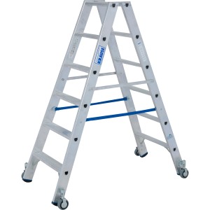 Krause Doppelleiter Stabilo mit 2x6 Stufen und Rollen für einfachen Transport.