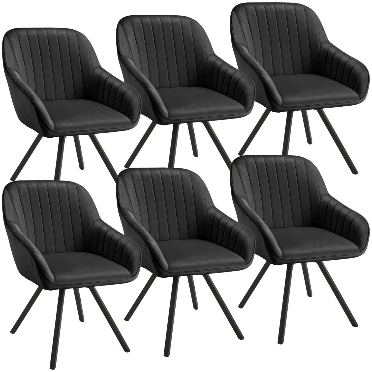 Tectake Drehbarer Armlehnstuhl  Snug Gepolstert  In Samtoptik  Mit Durchgehender Lehne 6Er Set 58 x 58 x 82 cm Schwarz