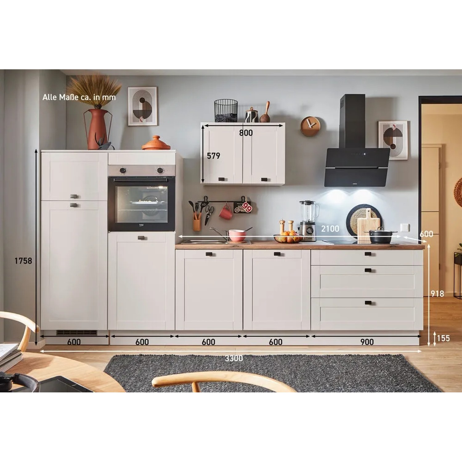 Moderne Küchenzeile in Kaschmirgrau Matt, 330 cm breit, mit Elektrogeräten und Spüle.