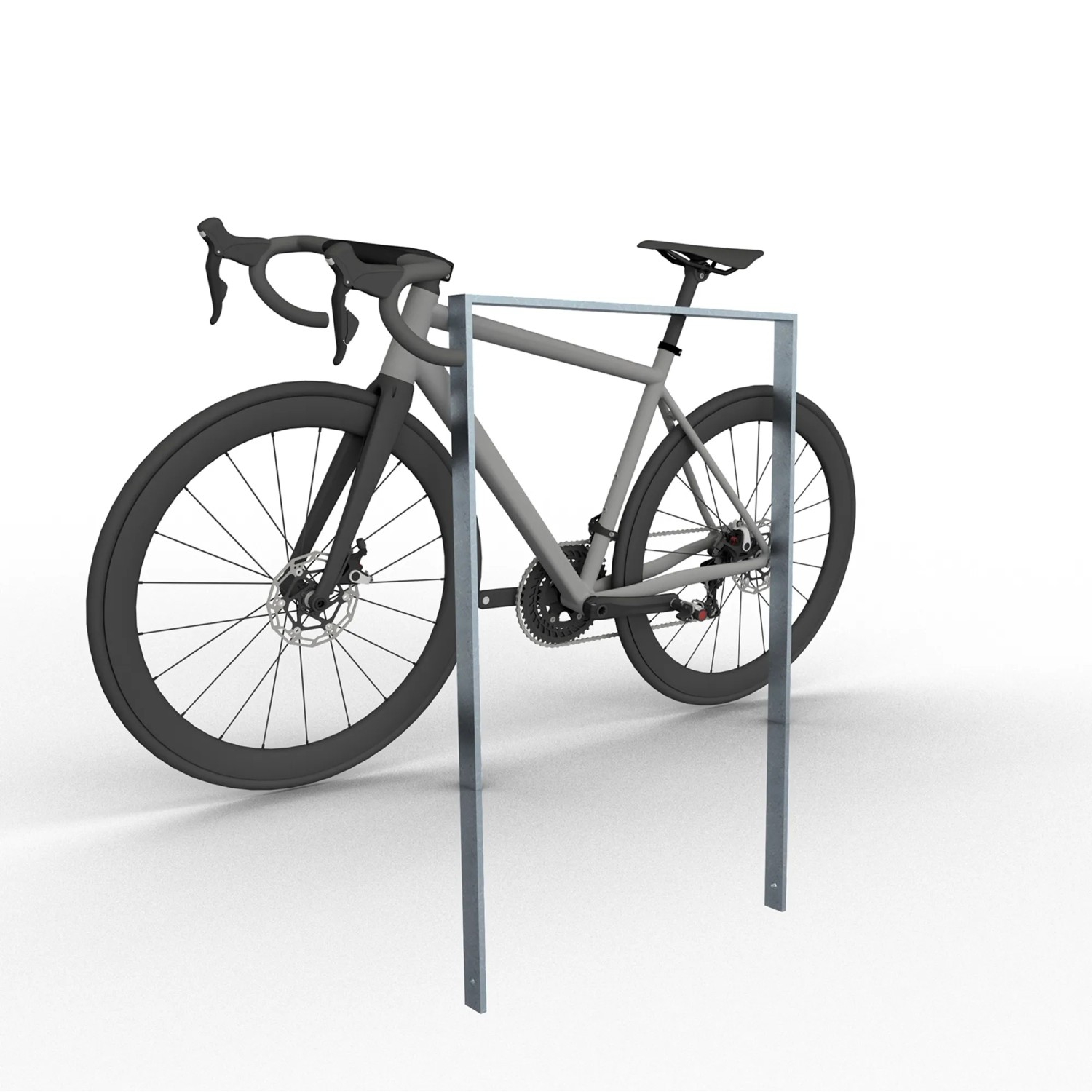 Feuerverzinkter Schake Ahnlehnbügel aus Flachstahl (750 mm) mit Fahrrad. Robuste Baugeräte für Fahrradparksysteme.