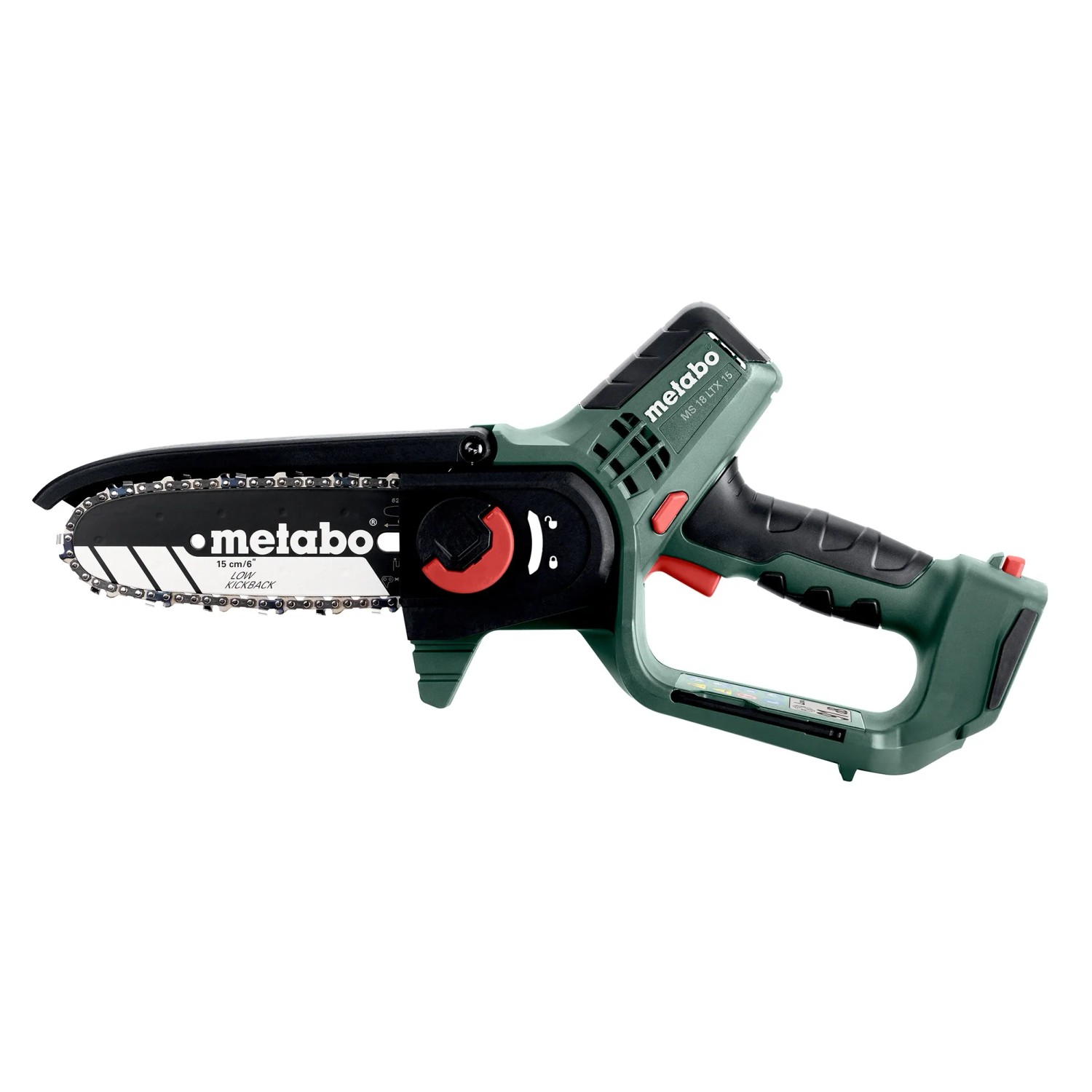 metabo Akku-Gehölzsäge MS 18 LTX 15 mit Akku, Ladegerät und Tasche.
