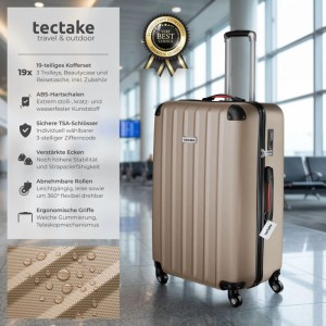Beiger Tectake Cleo Hartschalenkoffer aus dem 19-teiligen Set im Flughafen. Robuster ABS Trolley mit Teleskopgriff, TSA-Schloss.