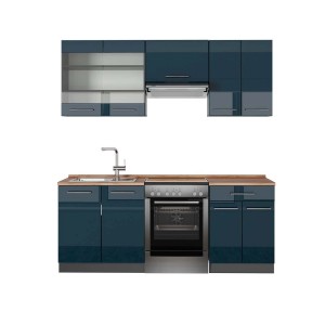 Vicco Fame-Line Küchenzeile, 200 cm, dunkelblau hochglanz/anthrazit mit AP Eiche Dekor.