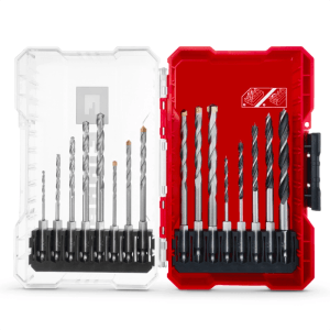 Einhell 16-tlg. Bohrer-Set für Holz, Stein, Metall in offener roter Aufbewahrungsbox. Präzise Bohrer für Werkzeug-Sets.