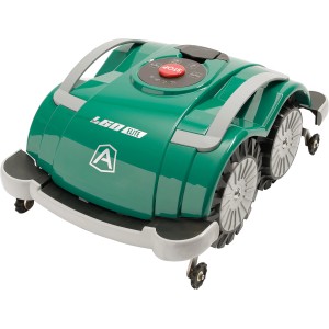 Ambrogio L60 Elite Mähroboter in Grün-Grau, kabellos, mit vier Rädern und Bedienelementen.